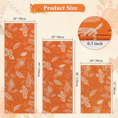 Ileading Fall Kitchen Rugs Set of 3 Piece Washable Orange Autumn Runner Rug - Image 2