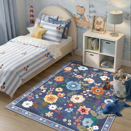 RELEANY Floral Washable 3x5 Area Rugs Blue/Grey - Image 2
