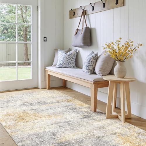 3x5 Area Rug Washable Abstract: Non Slip Entryway Floor Mat Grey/Yellow by Ksrau