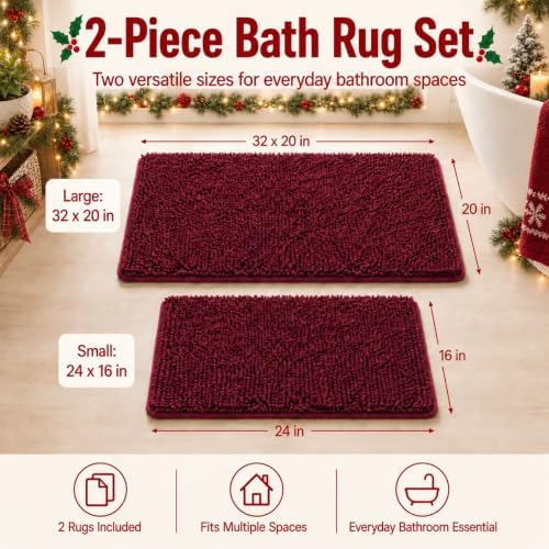 RUN HELIX Bathroom Rugs Sets 2 Piece, Luxury Shaggy Extra Thick Bathroom Rugs, Plush Non-Slip Mats for Bath Room Floor, Machine Wash, Ultra Absorbent, 32 x 20 + 24 x 16 Inches, Burgundy - Image 2