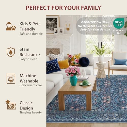 Blue Washable Entry Rug 2x3 Small Rugs- Front Door Throw Rugs Indoor, Non-Slip Bathroom Mat, Vintage Floral Thin Rug Stain Resistance for Kitchen, Laundry, Boho Entryway Décor - Image 3