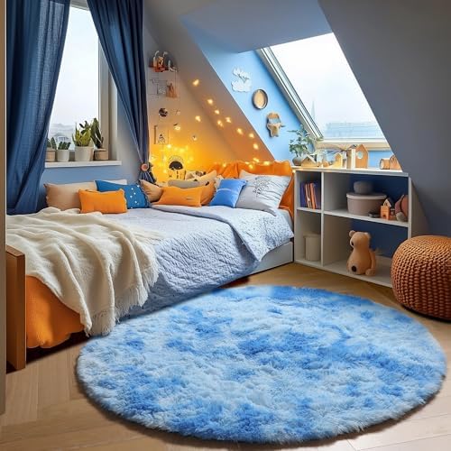 Tie-Dye Blue Fluffy Round Rug Circle Area Rugs 4ft for Boys Kids Bedroom by ONASAR