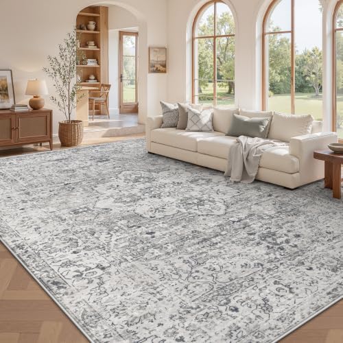 Zomfy 8x10 Area Rugs Washable Rug: Boho Vintage Rug Large Non-Slip Soft Rugs for Living Room Low Pile Retro Medallion Indoor Carpet for Bedroom Nursery Dining Room Dorm Farmhouse Office(Grey, 8'x10') - Image 2