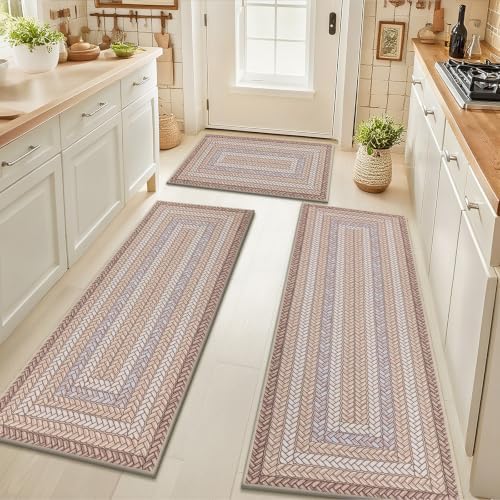 HEBE Faux Jute Kitchen Rugs Set of 3, Washable Kitchen Mats for Floor by HEBE