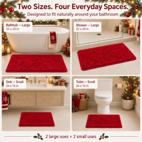 RUN HELIX Bathroom Rugs, Chenille Bath Mat, Non-Slip, Machine Washable Bath Rugs - Ultra Soft Bath Mats, Dries Quickly, Bathroom Rug Set of 2 Red Batroom Mats Set-32x20+24x16 Inch Christmas Rug - Image 5