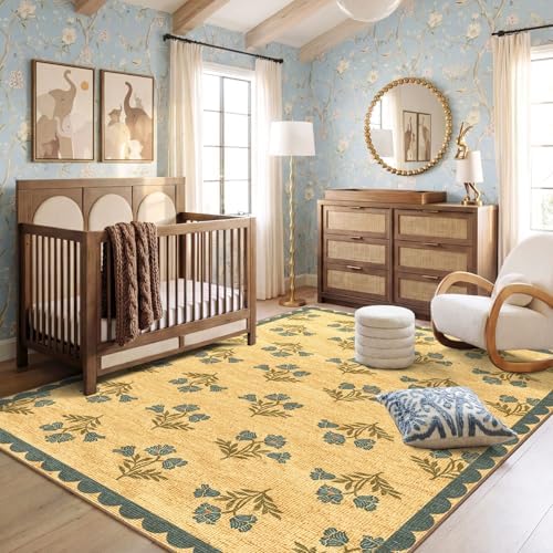 Floral 5x8 Living Room Rug, Blue Brown Scalloped Bedroom Area Rug - Image 4