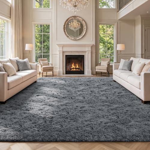 10X14 Large Shag Area Rugs for Living Room Bedroom,Big Soft Purple Fluffy Rug for Bedroom Dorm,Indoor Carpet Plush Rugs for Living Room Home Decor,Dark Grey by Boshengya