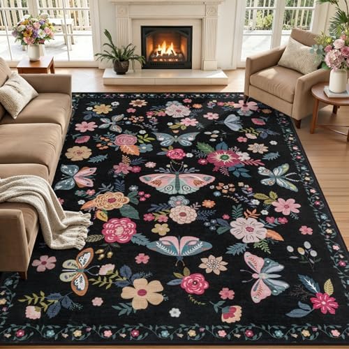 5x7 Area Rug Living Room: Soft Floral Washable Boho Carpet Black by EXPEDIX