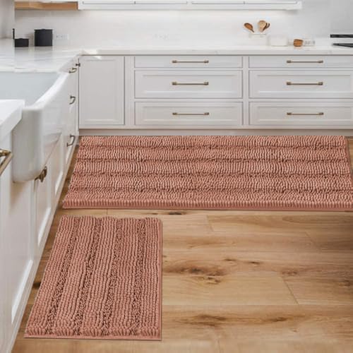 H.VERSAILTEX 2 Piece Set Bathroom Rugs Bath Mats Sets Super Absorbent Chenille Striped Bath Mats Non Skid Machine Wash Dry Rugs for Bathroom Floor (Muted Clay, 47 x 17 Plus 17 x 24 - Inches) by HVERSAILTEX