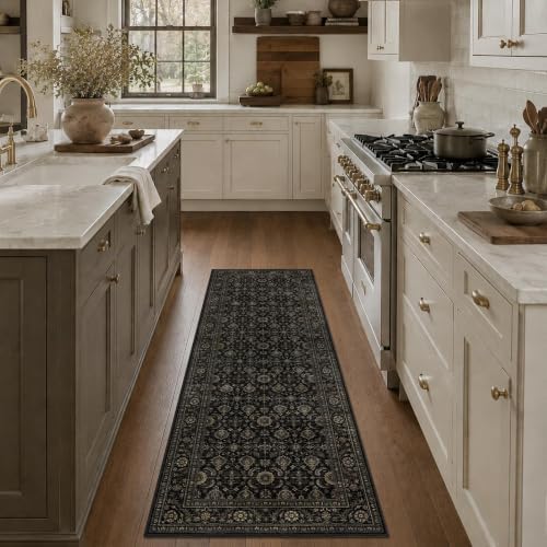 JOOJA 2x6 Black Gold Vintage Soft Low Pile Non Slip Washable Runner Rug by JOOJA