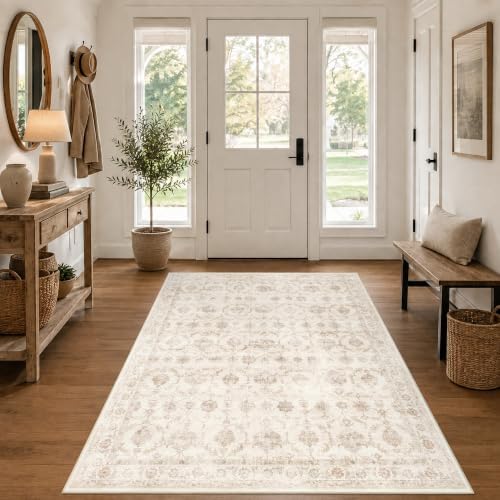Washable 5x7 Bedroom Area Rug Non-Slip Traditional Beige Throw Carpet - Image 3