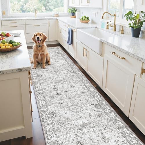 Grey Floral Hallway Runner Rug 2x8 for Bedroom Kitchen by WelcometoBabovid