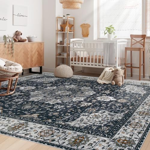 Area Rug 6x9 Washable Rug, Vintage Boho Medallion Rugs Non-Slip Soft Low Pile Large Distressed Rug Indoor Retro Carpet for Living Room Bedroom Dining Room Home Office (Vintage Black, 6'x9') - Image 3