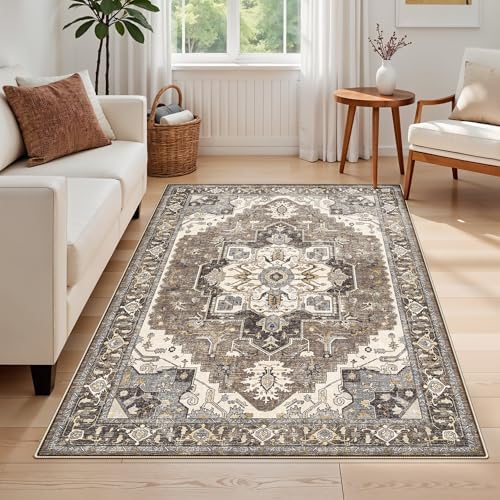 4x6 Area Rug for Living Room - Machine Washable Rugs with Non-Slip Backing Large Bedroom Carpet Distressed Oriental Non-Slip Non-Shedding Soft Thin Floor Mat for Dining Room Playroom(Beige,4x6) by RUUGME