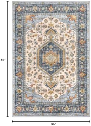 KUTA Vintage Rug 3x5 Area Rugs for Entryway Ivory Blue Washable Kitchen Rug - Image 2