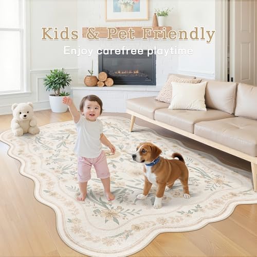 Scalloped Floral Rug 8x10, Neutral Beige Washable Non Slip Large Area Rug for Living Room, Soft Low Pile Cream Cottagecore Rug for Bedroom, Dining Room,Nursery, Farmhouse Home Office - Image 3