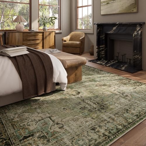 palohom 10x12 Area Rug Washable Rugs: Large Living Room Rug Stain Resistant Non Slip Distressed Vintage Low Pile Faux Wool Soft Green Rugs for Bedroom Farmhouse Dining Room Kids Playroom Nursery - Image 4