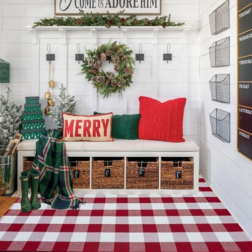 Buffalo Plaid Outdoor Rug, 4' x 6' Red&White Christmas Check Indoor/Outdoor Area Rug, Layering Rug for Hello/Welcome Door Mat, Machine Washable Cotton Woven Rug for Farmhouse Front Porch, Entryway - Image 3