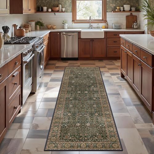 Bavni 2'6" x 8' Kitchen Runner Rug, Washable Non Slip, Dark Green Brown by BAVNI