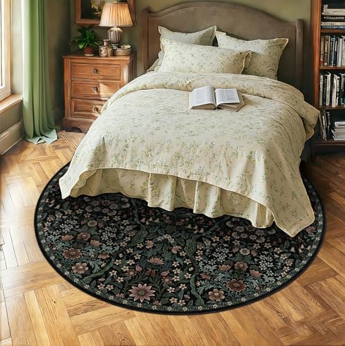 Round Rug 7ft Floral Circle Rug Black Botanical Indoor Area Rugs - Image 2