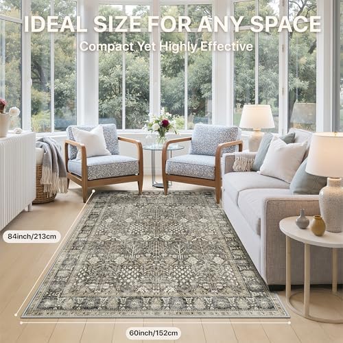 Bavni Area Rugs for Living Room, 5x7 Washable Rug Non-Slip Washable，Ultra-Thin Aesthetic Boho Rug for Bedroom Dinning Room Office,Dark Grey Brown - Image 2