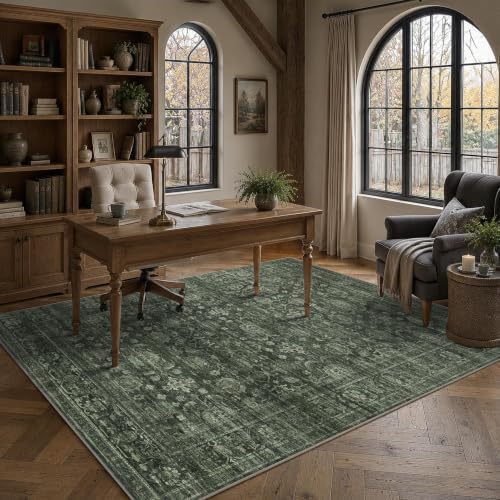 JOOJA 5x7 Dark Green Vintage Washable Soft Low Pile Living Room Area Rug by JOOJA