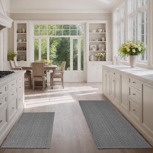 MatEssenz Kitchen Rugs, Kitchen Mats for Floor, Machine Washable Rugs 20"x30"+20"x48" Boho Style, Anti-Skid TPR Backing for Kitchen, Laundry, Durable, Easy Clean Spring & Everyday Use - Grey by MatEssenz