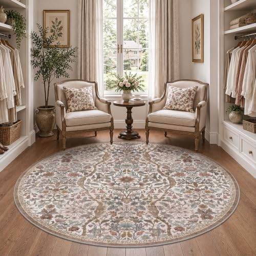 Round Rug 6ft Floral Circle Rug Khaki Botanical Indoor Area Rug - Image 2