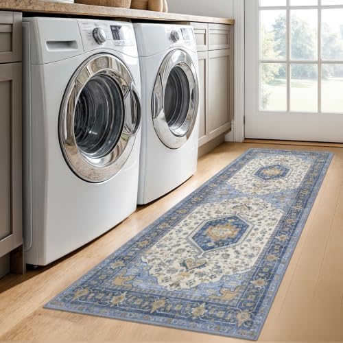 KUTA Runners for Hallways 2x6 Blue Brown Vintage Floral Washable Runner - Image 3