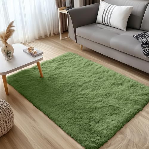 OLANLY 3x5 Machine Washable Small Bedside Rug, Soft Fluffy Shaggy Rugs for Living Room, Bedroom, Indoor Floor Carpet for Kids Girls and Boys, Preppy Dorms, Nursery, Home Decor Aesthetic, Green - Image 3