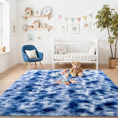 5x7 ft Fuzzy Rug for Living Room Soft Fluffy Blue White Bedroom Area Rugs Non-Slip Shaggy Carpet for Nursery Kids PlayRoom Dorm Office Indoor Modern Plush Carpets - Image 3
