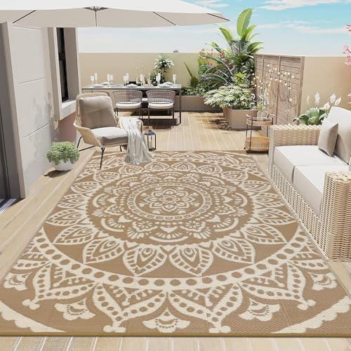 Bsmathom Waterproof Outdoor Rug 6'x9' Reversible Boho Plastic Straw Patio Deck Camping Rugs, Indoor Outdoor Portable RV Mat Clearance Carpet for Outside, Porch, Balcony, Backyard, Beach, Pool,Brown by Bsmathom
