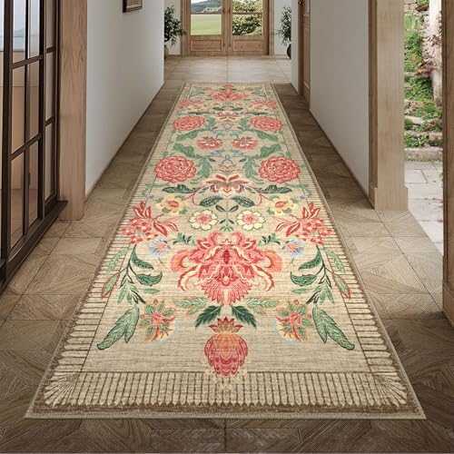 GarveeHome Floral 2x6 Washable Kitchen Runner Rugs Non Slip Camel Taupe Brown Vintage Boho Cottage Long Rug for Hallways Bedroom Entryway Bathroom Mat with Rubber Back - Image 3