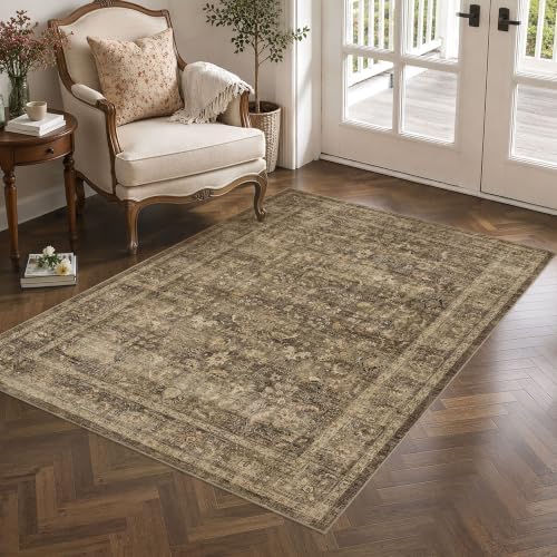 4x6 Washable Bedroom Area Rug Non-Slip Vintage Brown Throw Carpet - Image 2