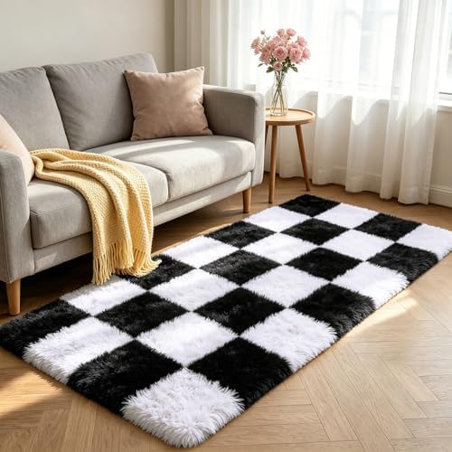Shag Runner Rug for Bedroom Living Room 3x7 Upgrade Non-Slip Fluffy Soft Bedside Rugs,Black and White Shaggy Carpet for Livingroom Dorm Home Decor Aesthetic - Image 2