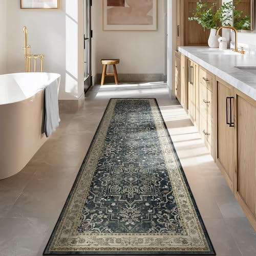 Medallion Hallway 2x8 Runner Rug, Washable Non Slip Entryway Runner Indoor, Low Pile Thin Vintage Distressed Carpet Runners 8ft for Kitchen/Bedroom Bedside/Laundry Room/Bathroom, Midnight/Multi - Image 4