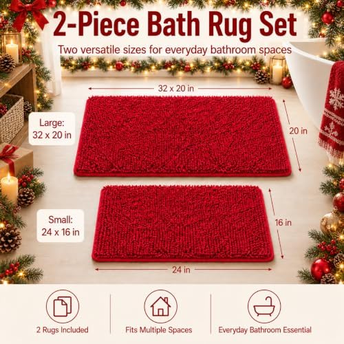 RUN HELIX Bathroom Rugs, Chenille Bath Mat, Non-Slip, Machine Washable Bath Rugs - Ultra Soft Bath Mats, Dries Quickly, Bathroom Rug Set of 2 Red Batroom Mats Set-32x20+24x16 Inch Christmas Rug - Image 2