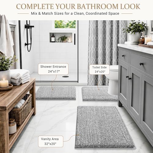 Yimobra Bathroom Rugs Non Slip Washable 32X20, Ultra Soft and Water Absorbent Bath Mats, Plush Fluffy Shower Mat Outside, Microfiber Thick Matts for Bathroom Floor/Tub, Light Gray and White - Image 6