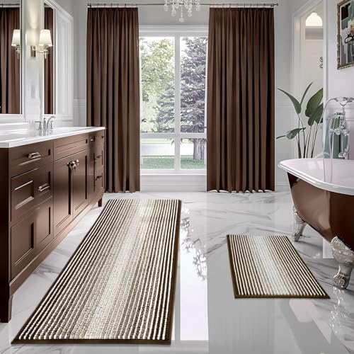 BSICPRO Bathroom Rugs Sets 2 Piece, Non Slip Striped Bath Mats, Brown by BSICPRO