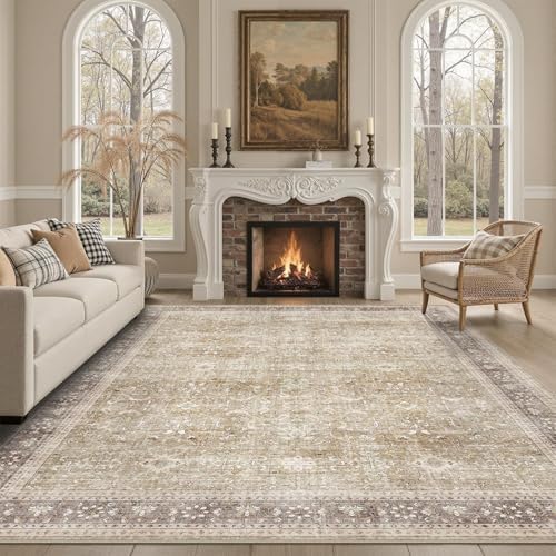 DCX Beige and Taupe 5x7 Rug, Kid & Pet Friendly with Rubber Back Non Slip, Machine Washable Stain Resistant Vintage Traditional Distressed Carpet, Rug for Living Room, Bedroom, Neutral Home Decor by DCXWashableRug