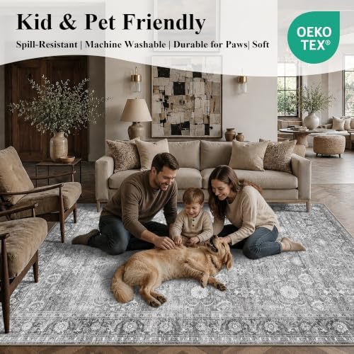 JOOJA 6x9 Grey Vintage Boho Washable Area Rug, Soft Low Pile Floor Carpet - Image 7
