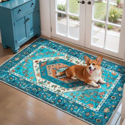 SERISSA 2x4 Washable Non Slip Boho Runner Rug for Entryway，Blue by SERISSAHomeDecorCollection