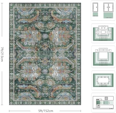5x7 Area Rugs, Vintage Retro Soft Washable Rug, Non-Slip Low Pile Rugs for Living Room, Bedroom, Dining Room, Stain Resistant Home Decor Rug (Green) - Image 2