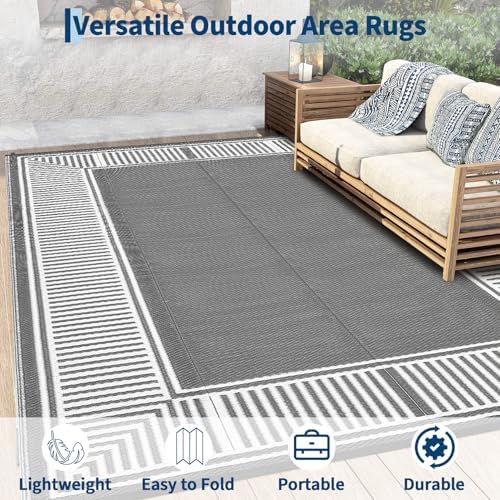 GAOMON Large Outdoor Camping Rug 9x18 Modern Bordered Reversible Outdoor Carpet, Foldable Retro Plastic Straw Rug, Portable Outside Patio Rugs Floor Mat for Porch, Beach, Balcony, Backyard,Border-Grey - Image 3