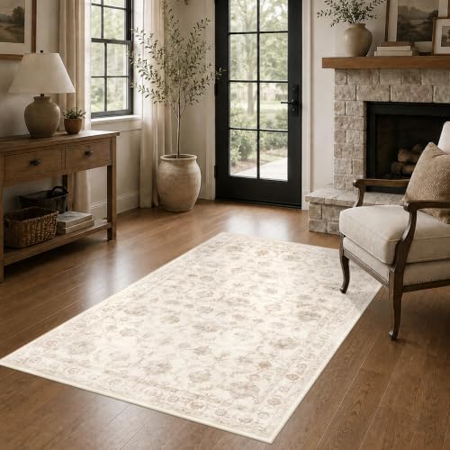 Washable 3x5 Entryway Area Rug Non-Slip Distressed Beige Throw Carpet - Image 2