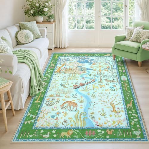 Tribesigns Washable Zoo Floral 5x7 Kids Playroom Rug, Soft Cute Blue Nursery Rugs for Bedroom, Non-Slip Low Pile Indoor Animal Print Carpet Rugs for Kids Room Living Room, Blue/5x7 - Image 2