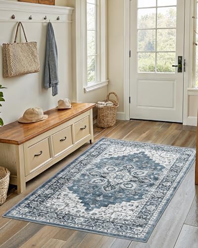 Amada 4x6 Washable Area Rug for Bedroom, Blue, Vintage Pattern by AMADAHOMEFURNISHING
