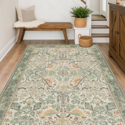 Hazo Haus Washable Sage Green Area Rugs 5x7 for Living Room, Bedroom Bedside, Dining Room, Office, Muted Cream Green Non Slip Stain Resistant Low Pile Botanical Floral Bird French Country Decor - Image 3