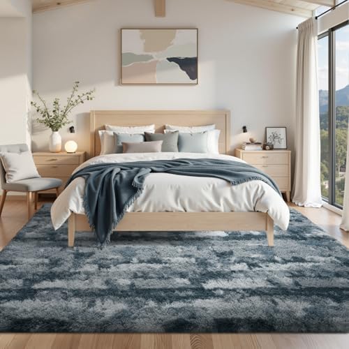 Area Rugs for Living Room 6x9 Feet, Soft Fluffy Shagg Plush Bedroom Rug Non-Slip,Large Carpet for Nursery Kids Dorm Home Decor Grey and Blue - Image 3