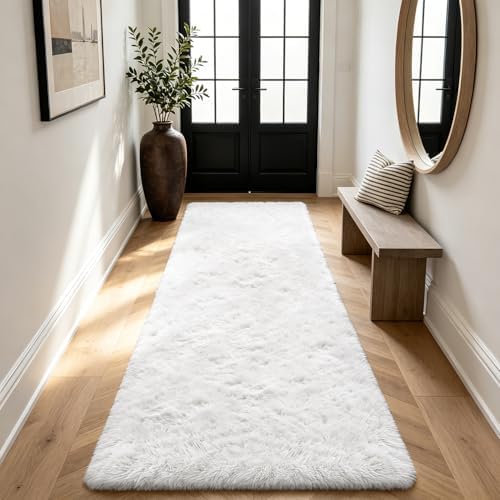 Shag Runner Rug for Bedroom Living Room 2x6 Upgrade Non-Slip Fluffy Soft Bedside Rugs,White Shaggy Carpet for Livingroom Dorm Home Decor Aesthetic - Image 4